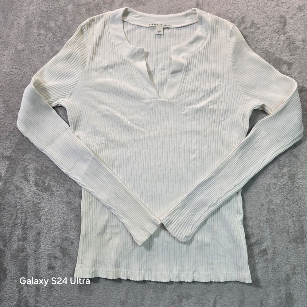 Banana Republic Womens White Ribbed Split Neck Long Sleeve Top Large 184835-01
